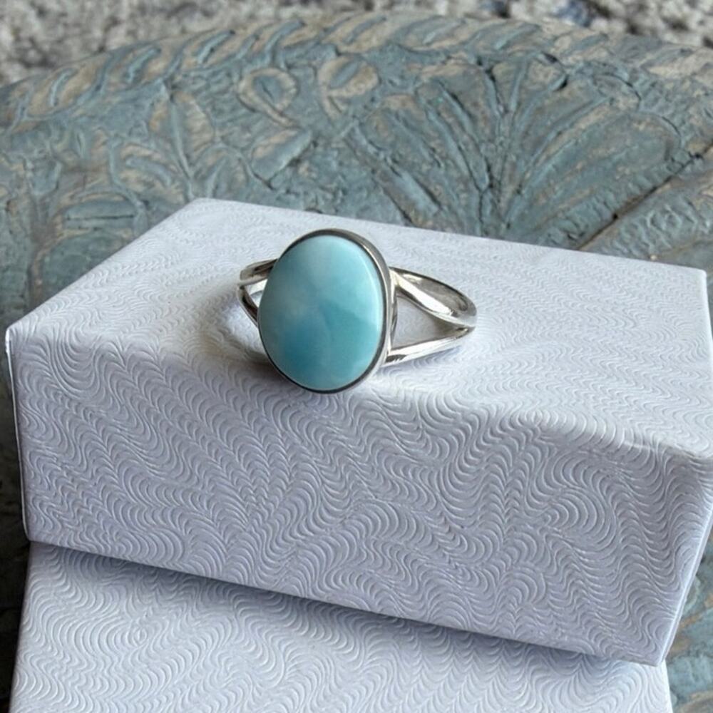 Vintage Sterling Silver Larimar Ring 925 Oval Split Shank size 6.5